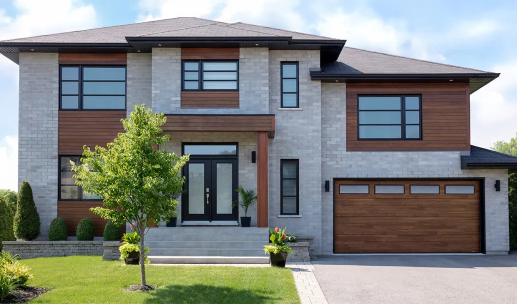 Plank, 16' x 8', Dark Acacia HD Wood Tone door, White Sandblasted windows. Novatech's Uno entry door.