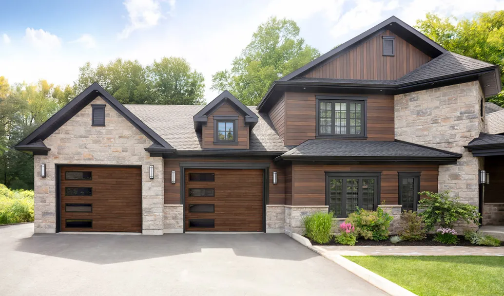 Plank, 10' x 8', Dark Acacia HD Wood Tone doors, window layout: Left-side Harmony with Tinted glass