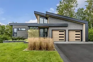 Flush, 9’ x 7'.6'', Natural Oak HD Wood Tone doors, window layout: Right-side Harmony, Slim windows with Tinted glass. Novatech's Uno entry door.