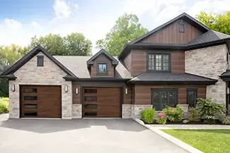 Vantage Plank, 10' x 8', Dark Acacia HD Wood Tone doors, window layout: Left-side Harmony with Tinted glass