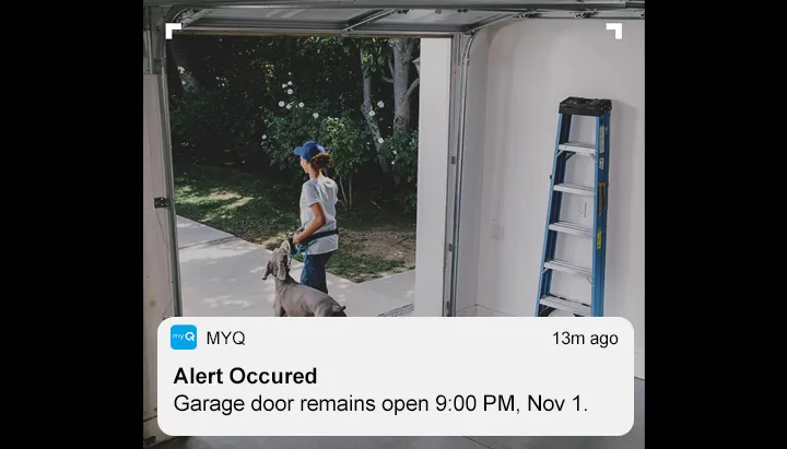 The homeowner gets a notification on his smart phone “Alert Occurred – The garage door remains open and sees that the neighbor who walks the dog as the last to come out from the garage door.